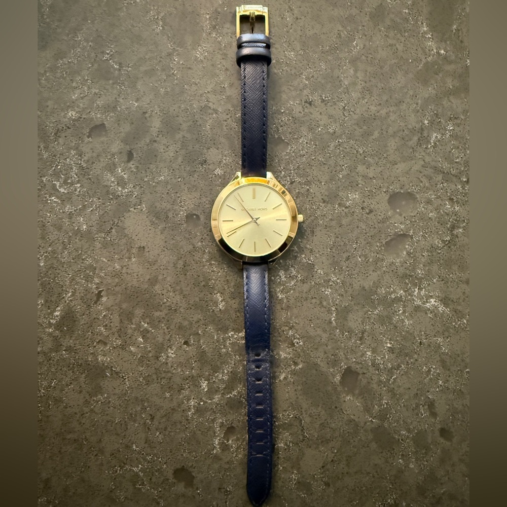 Michael Kors Gold Dial Watch with Slim Navy Blue Leather Strap - Picture 4 of 12